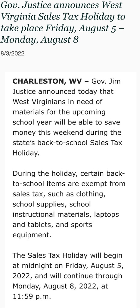 WV Tax Holiday for School Supplies